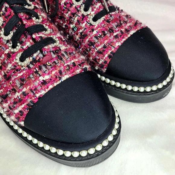 Authentic Chanel Lace Up  Pink and Black Tweed Pearl "CC" Logo Platform Sneakers - Picture 12 of 16